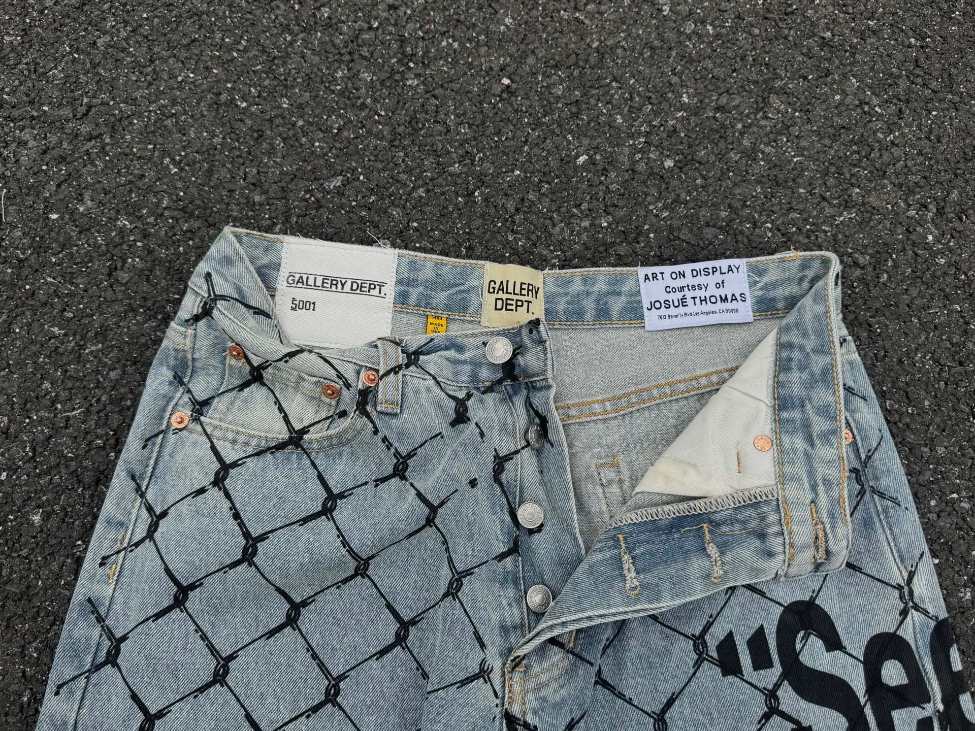P240💰G786 GALLERY DEPT. Steel mesh letter printed slim jeans jeans casual group trendy American slim men's and women's trousers Color: blue Size: S-XXL (corresponding to 28-36)